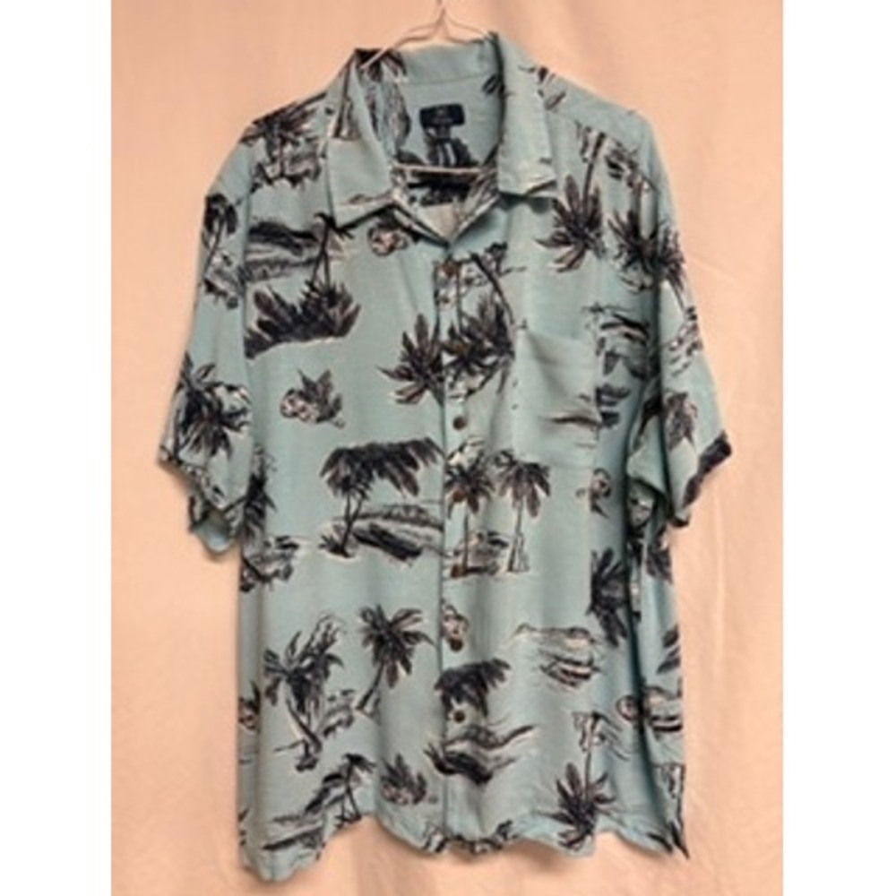 George Mens 2XL Short Sleeve Tropical Palm Tree Rayon Button Down Shirt Blue